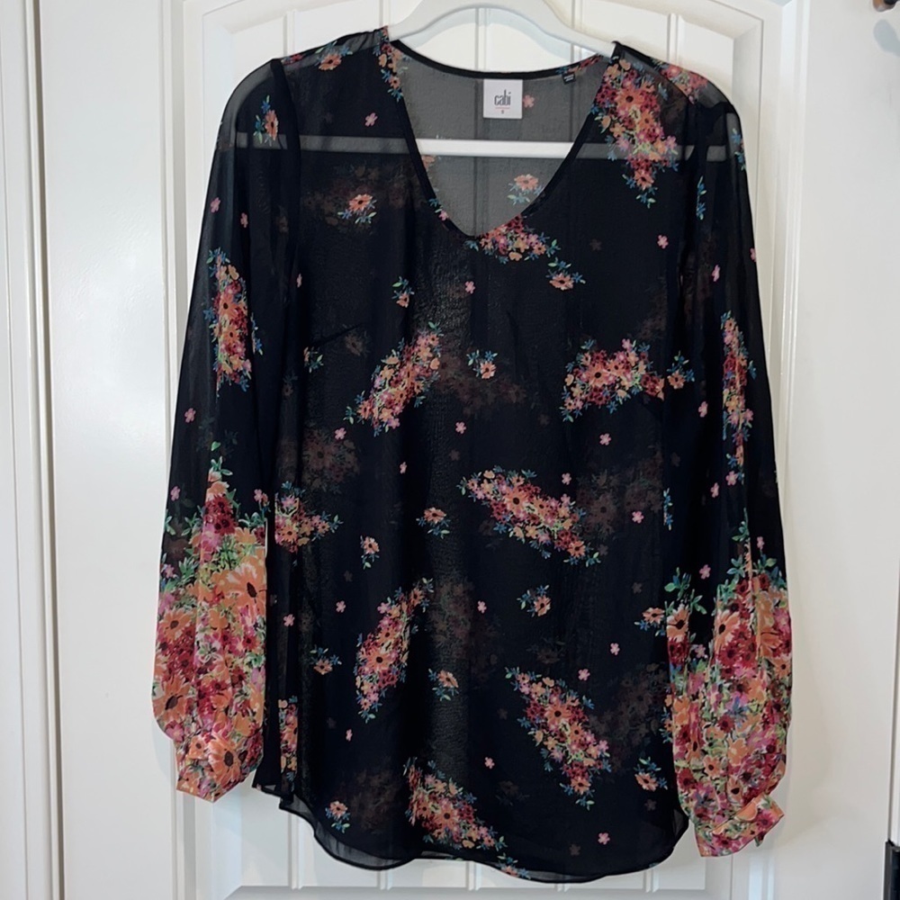 CABI floral black semi sheer Blooming Blouse long sleeve top cottagecore boho S